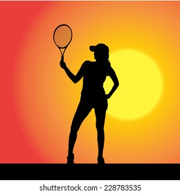 Vector silhouette of the woman who plays tennis at sunset.