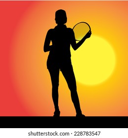 Vector silhouette of the woman who plays tennis at sunset.