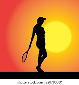 Vector silhouette of the woman who plays tennis at sunset.