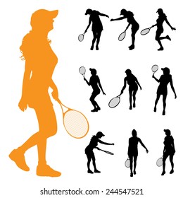 Vector silhouette of a woman who plays tennis.