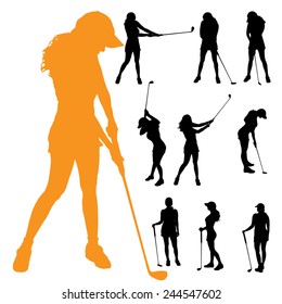 Vector silhouette of a woman who plays golf.