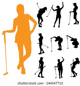 Vector silhouette of a woman who plays golf.