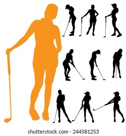 Vector silhouette of a woman who plays golf.