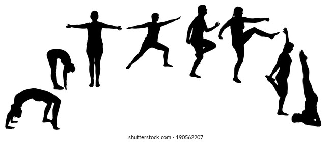 Vector silhouette of a woman who practices on white background. 