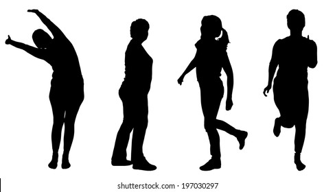 Vector silhouette of a woman who practices on white background. 
