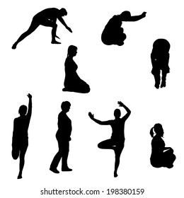 Vector silhouette of a woman who practices on white background. 