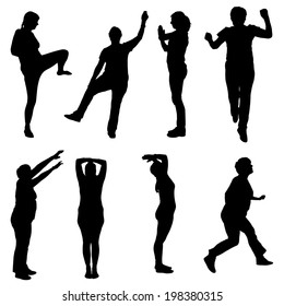 Vector silhouette of a woman who practices on white background. 