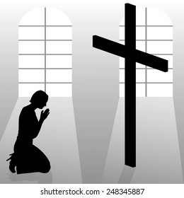 Vector silhouette of a woman who prays in church.