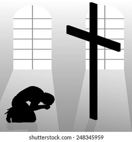 Vector silhouette of a woman who prays in church.