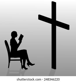 Vector silhouette of a woman who prays in church.