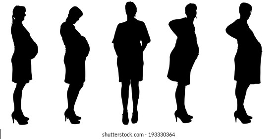 Vector silhouette of a woman who is pregnant on white background.