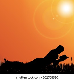 Vector silhouette of a woman who reads in nature.