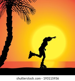 Vector silhouette of a woman who rides on roller skates at sunset.