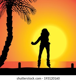 Vector silhouette of a woman who rides on roller skates at sunset.