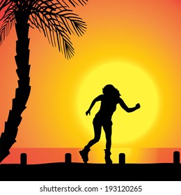 Vector silhouette of a woman who rides on roller skates at sunset.