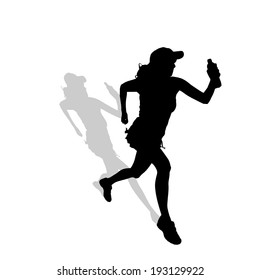 Vector silhouette of a woman who run on white background. 