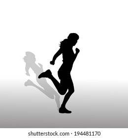 Vector silhouette of a woman who run on white background. 
