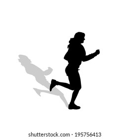 Vector silhouette of a woman who run on white background. 