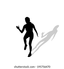 Vector silhouette of a woman who run on white background. 