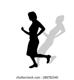 Vector silhouette of a woman who run on a white background.