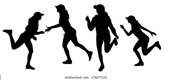 Vector silhouette of a woman who runs a white background. 