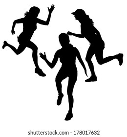 Vector silhouette of a woman who runs a white background. 