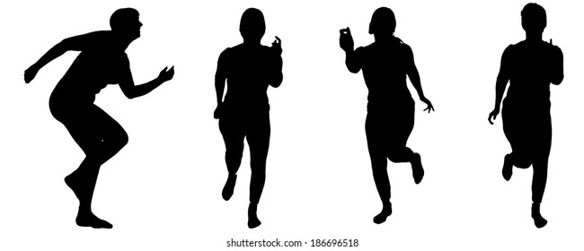 Vector silhouette of a woman who runs a white background.