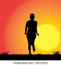 Vector silhouette of the woman who runs in sunset.