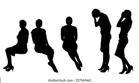 Vector silhouette of woman who sits on white background.