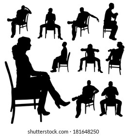 Vector silhouette of a woman who is sitting on a chair on a white background. 