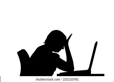 Vector silhouette of a woman who is sitting at the computer.