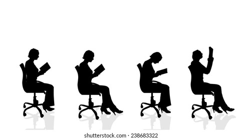 Vector silhouette of a woman who is sitting in a chair on a white background.