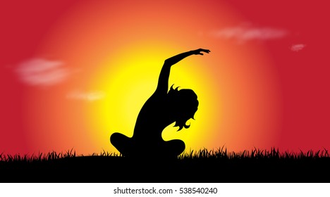 Vector silhouette of woman who sports at sunset.