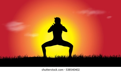 Vector silhouette of woman who sports at sunset.