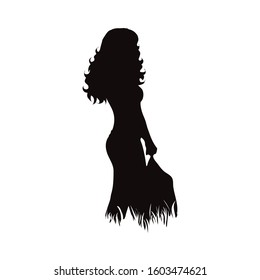 Vector silhouette of woman who standing with backpack in the grass on white background. Symbol of girl, people, sport, hike, path, park.