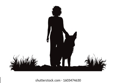 Vector silhouette of woman who standing with her dog in the grass on white background. Symbol of girl, people, sport, hike, path, pet, park.