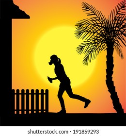 Vector silhouette of a woman who stands in front of the house.