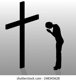 Vector silhouette of a woman who stay in front of a cross.