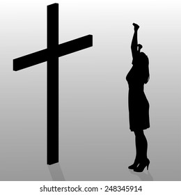 Vector silhouette of a woman who stay in front of a cross.