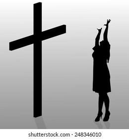 Vector silhouette of a woman who stay in front of a cross.