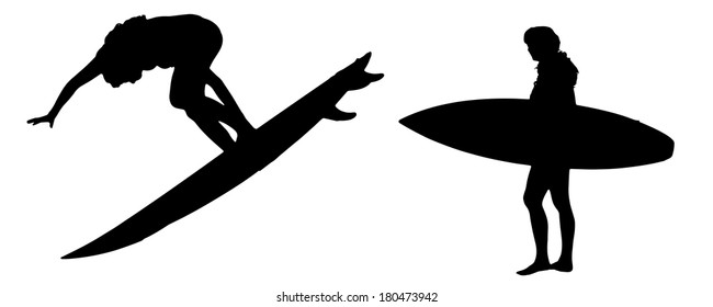 Vector silhouette of a woman who surfs.