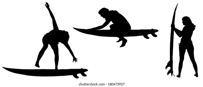 Vector silhouette of a woman who surfs.
