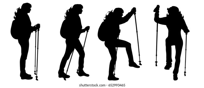 Vector silhouette of woman who walk with nordic walking on white background.