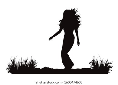 Vector silhouette of woman who walking in the nature on white background. Symbol of girl, people, sport, training, path, park, garden.