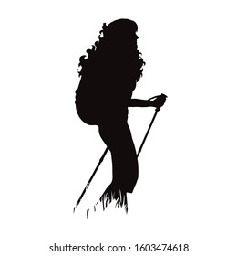 Vector silhouette of woman who walking with Nordic walking in the nature on white background. Symbol of girl, people, sport, hike, path, park.