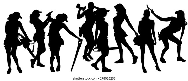 Vector silhouette of a woman working with tools on a white background.