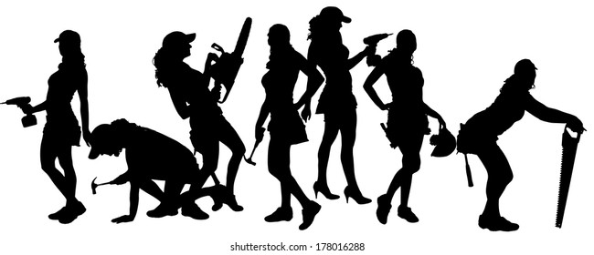 Vector silhouette of a woman working with tools on a white background.