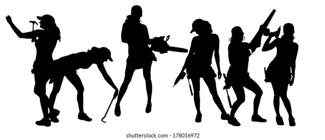 Vector silhouette of a woman working with tools on a white background.