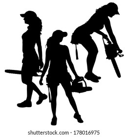 Vector silhouette of a woman working with tools on a white background.