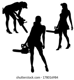 Vector silhouette of a woman working with tools on a white background.